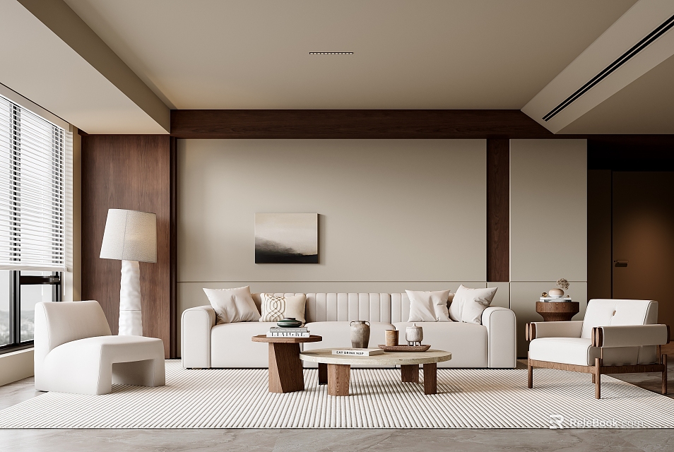 Modern Living Room Interior Design With Beige Walls Wooden Panels White Sofa And Coffee Tables 3d model 