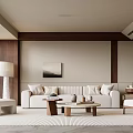 Modern Living Room Interior Design With Beige Walls Wooden Panels White Sofa And Coffee Tables