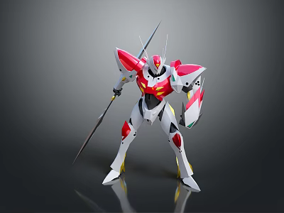 Red White Yellow Mech Robot Standing Pose Holding Spear Shield on Shiny Reflective Floor 3d model
