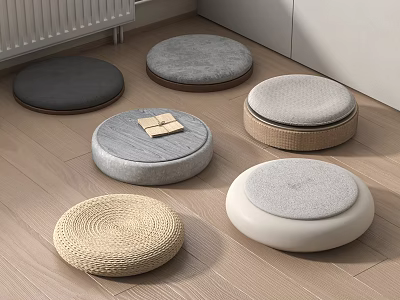 Round Floor Cushions In Various Colors With Fabric And Woven Textures On Wooden Floor 3d model