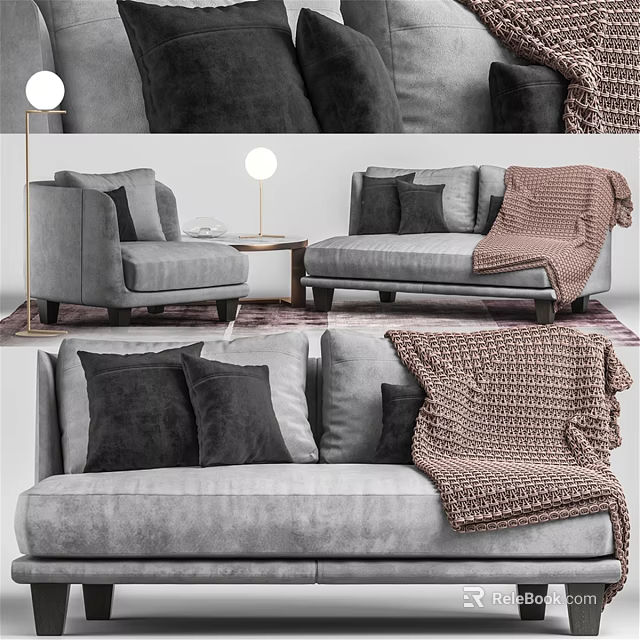 Cozy Modern Two Seater Sofa Interior With Black Pillows Knitted Blanket And Armchair 3d model 