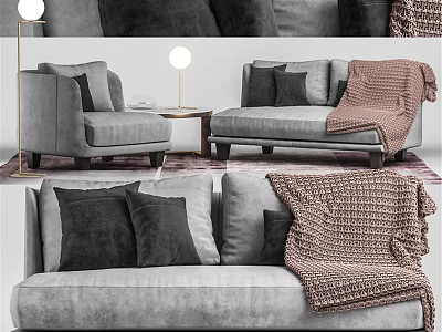 Cozy Modern Two Seater Sofa Interior With Black Pillows Knitted Blanket And Armchair 3d model