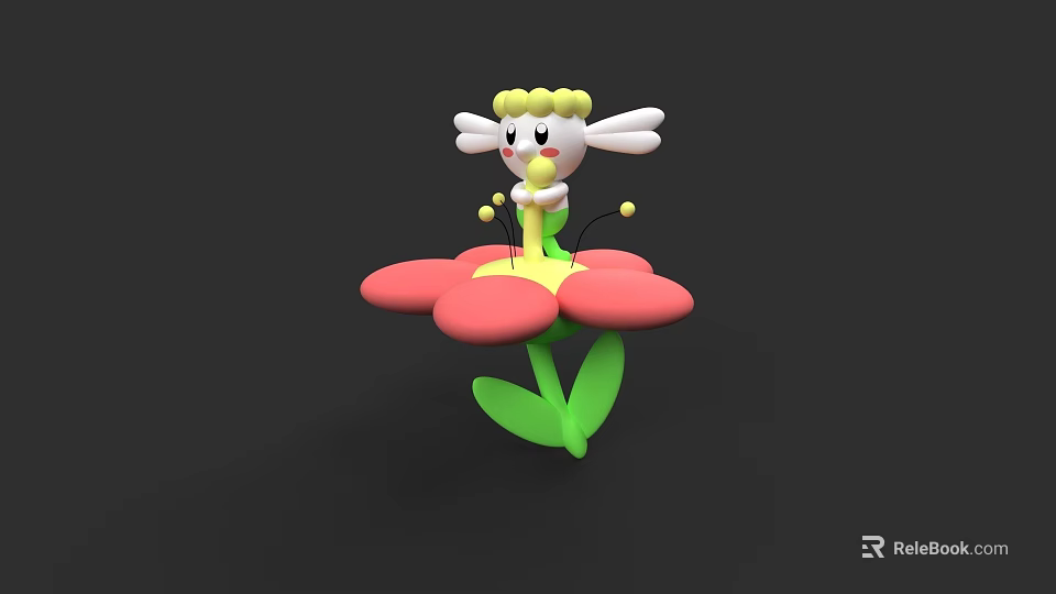 Cute Winged Cartoon Character Standing On Pink Flower With Green Stem And Yellow Center 3d model 