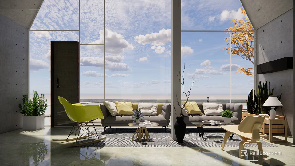 Modern Leisure Area Interior With Large Windows Clouds Plants Sofa And Chairs 3d model 