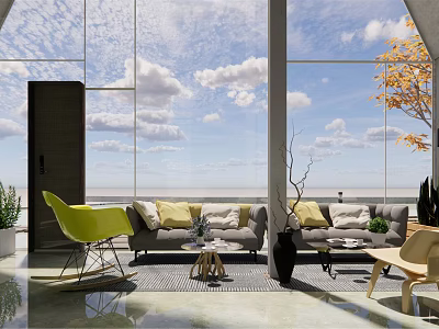 Modern Leisure Area Interior With Large Windows Clouds Plants Sofa And Chairs 3d model