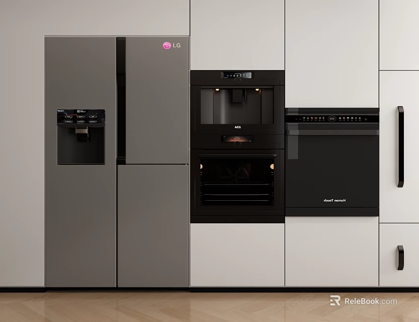 Sleek Modern Kitchen With Integrated Refrigerator Coffee Machine Oven And Cabinetry 3d model 