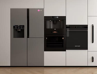 Sleek Modern Kitchen With Integrated Refrigerator Coffee Machine Oven And Cabinetry 3d model