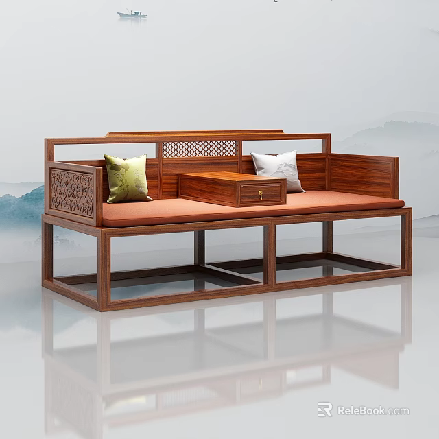 Chinese Wooden Leisure Sofa Set With Detailed Carved Design Central Drawer And Green White Cushions 3d model 