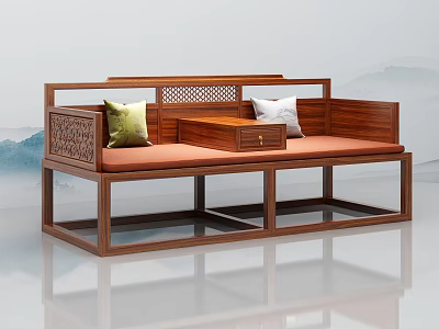 Chinese Wooden Leisure Sofa Set With Detailed Carved Design Central Drawer And Green White Cushions 3d model