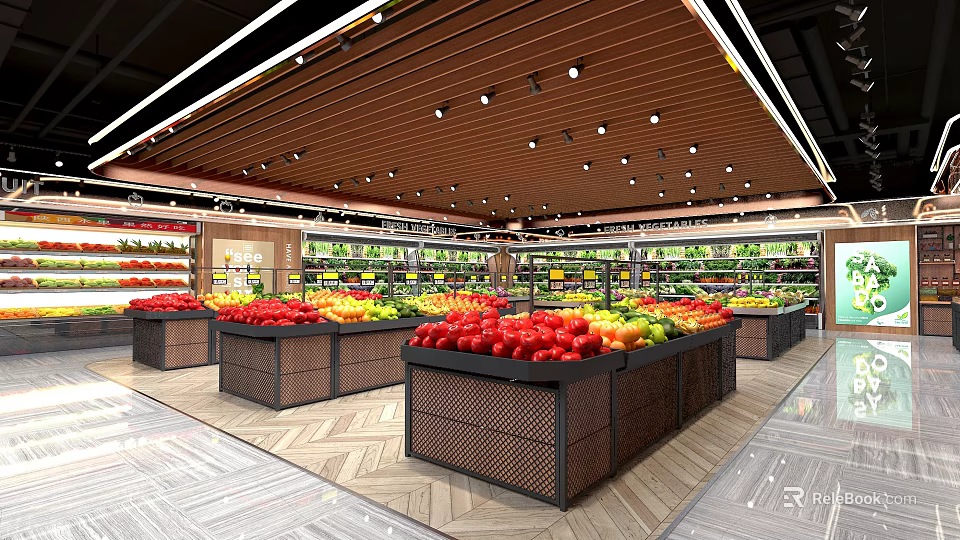Supermarket Grocery Fresh Produce Display With Colorful Fruits Vegetables And Shelves Layout 3d model 