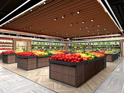 Supermarket Grocery Fresh Produce Display With Colorful Fruits Vegetables And Shelves Layout 3d model