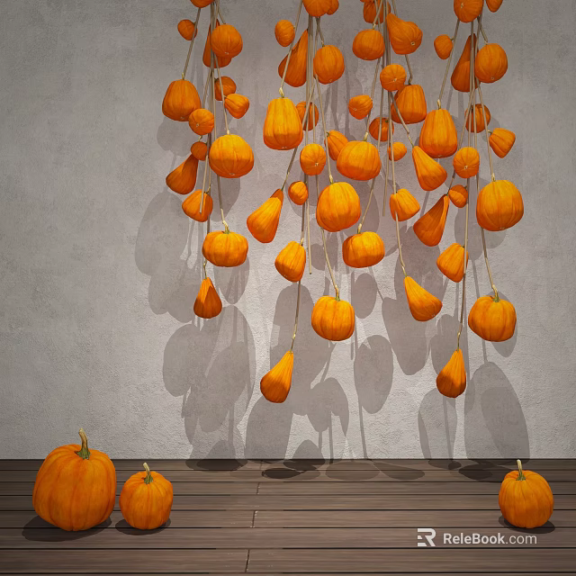 Orange Pumpkins Hanging On Ropes Against Gray Wall With Ground Decorations 3d model