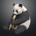 Cute Giant Panda Sitting And Eating Fresh Bamboo Shoot On Gray Background