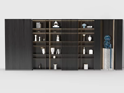 Modern Black Wood Bookcase Featuring Multiple Shelves Decorative Items And Gold Accents 3d model