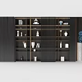 Modern Black Wood Bookcase Featuring Multiple Shelves Decorative Items And Gold Accents