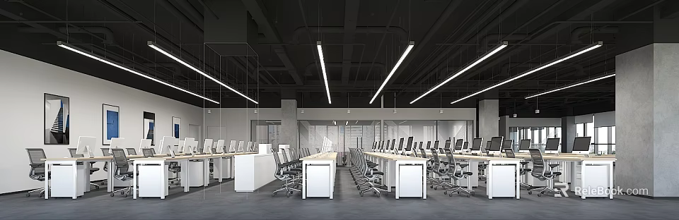 Modern Open Public Office Space Interior With Workstations Computers And Linear Lights 3d model 