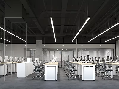 Modern Open Public Office Space Interior With Workstations Computers And Linear Lights 3d model