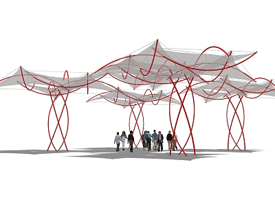 Modern Pergola With Red Curved Pillars And Net Canopy For People Walking 3d model