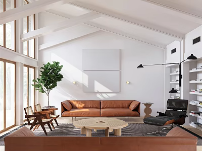 Modern Living Room Interior With Brown Sofa Round Coffee Table Green Plant And Large Windows 3d model