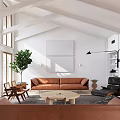 Modern Living Room Interior With Brown Sofa Round Coffee Table Green Plant And Large Windows