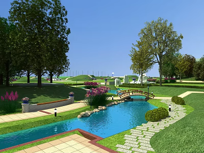 Scenic Park Landscape With Lush Trees Green Grass Small Bridge Clear Stream And Stone Paths 3d model