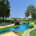 Scenic Park Landscape With Lush Trees Green Grass Small Bridge Clear Stream And Stone Paths