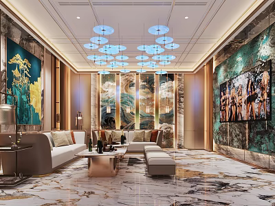 Modern Luxury KTV Lounge Interior With Sofa Artwork Chandelier And Marble Floor 3d model