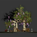 Cartoon Scene With Vine Covered Archway Purple Flowers Table Chairs And Little Figures On Round Platform