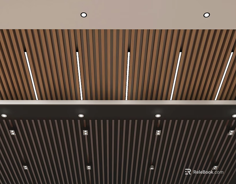 Modern Suspended Ceiling Design With Wooden Slats and Recessed LED Lighting 3d model 