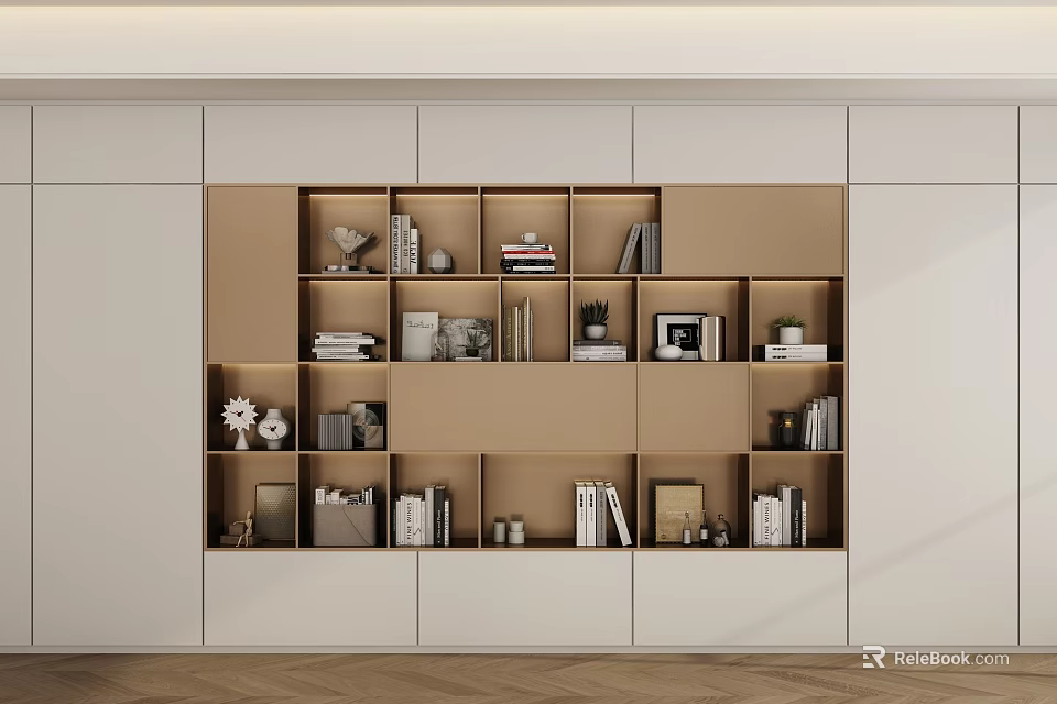 Built in Beige And White Bookcase With Multiple Compartments Books Decor Items Photo Frames 3d model 