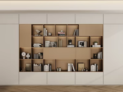 Built in Beige And White Bookcase With Multiple Compartments Books Decor Items Photo Frames 3d model
