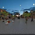 Traditional Ancient Architecture Night Street Scene With Lanterns Pedestrians And Horse Drawn Carriage