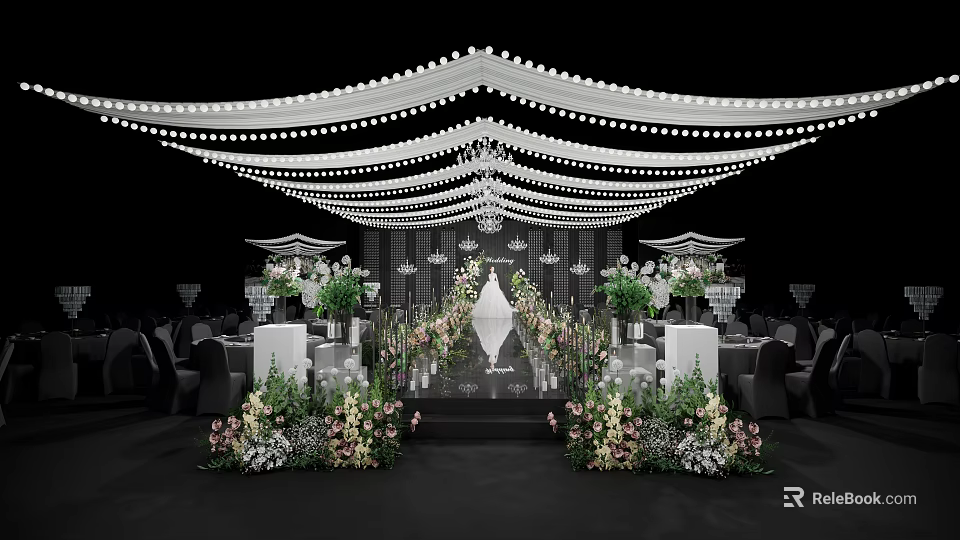 Elegant Wedding Banquet Hall With White Ceiling String Lights Flower Aisle And Chandeliers 3d model 