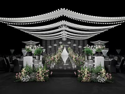 Elegant Wedding Banquet Hall With White Ceiling String Lights Flower Aisle And Chandeliers 3d model