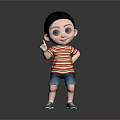 Cartoon Child Wearing Red White Striped Shirt Blue Shorts With Hand On Hip Pointing Up
