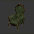 Vintage Green Armchair with Diamond Pattern Fabric Wooden Arms and Carved Top