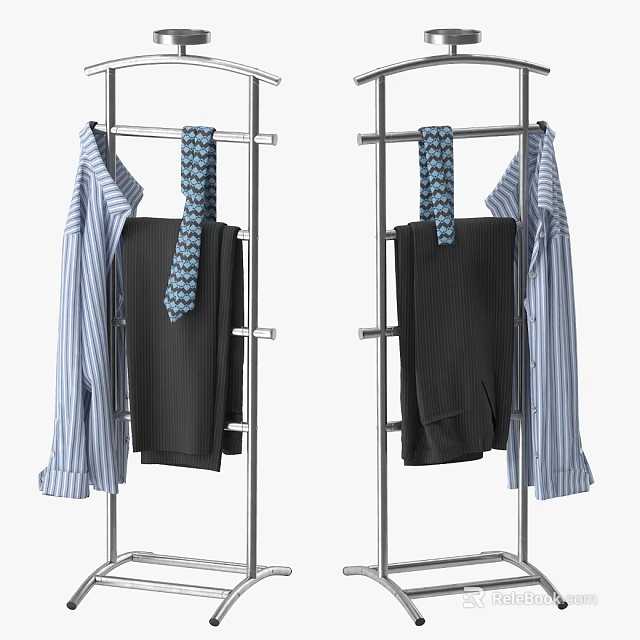 Silver Metal Clothes Hanger with Striped Shirts Ties and Black Trousers Double Rod Design 3d model 