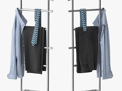 Silver Metal Clothes Hanger with Striped Shirts Ties and Black Trousers Double Rod Design 3d model