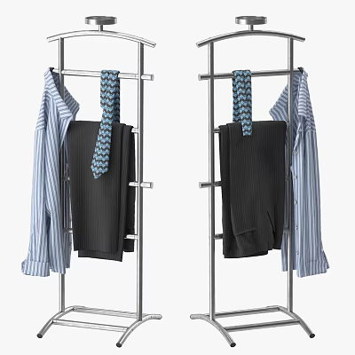 Silver Metal Clothes Hanger with Striped Shirts Ties and Black Trousers Double Rod Design 3d model