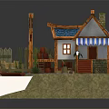3D Cartoon Scene Featuring Cute House Blue Roof Striped Awning Wooden Fence And Small Boat