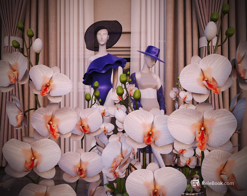 Fashion Mannequins In Stylish Outfits With Hats Surrounded By White Orchids In Decorative 3d model 