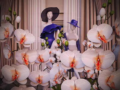 Fashion Mannequins In Stylish Outfits With Hats Surrounded By White Orchids In Decorative 3d model