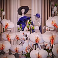 Fashion Mannequins In Stylish Outfits With Hats Surrounded By White Orchids In Decorative