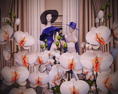 Fashion Mannequins In Stylish Outfits With Hats Surrounded By White Orchids In Decorative 3d model