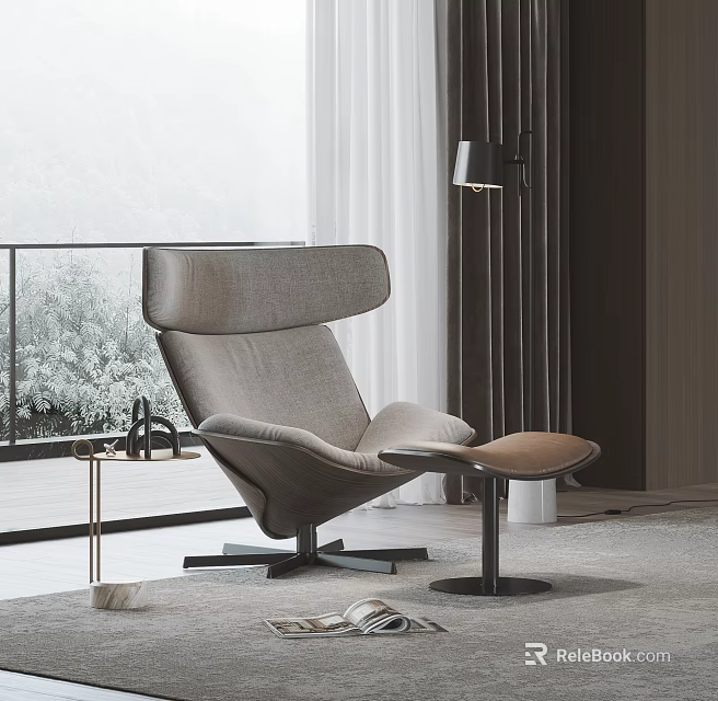 Modern Gray Fabric Lounge Chair With Ottoman Near Side Table By Large Window 3d model 