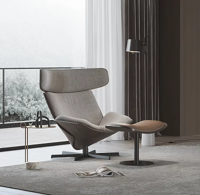 Modern Gray Fabric Lounge Chair With Ottoman Near Side Table By Large Window 3d model