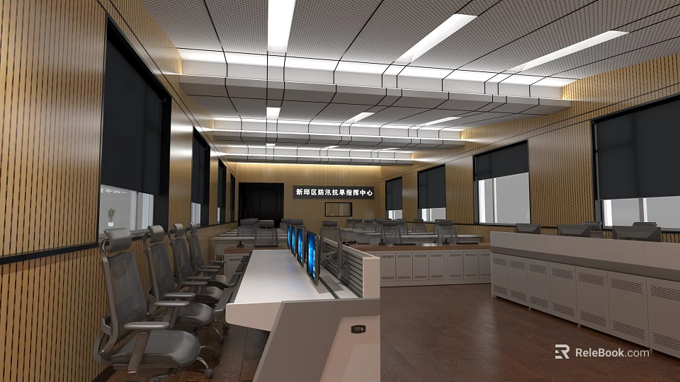 Modern Control Room Interior With Control Consoles Multiple Monitors Office Chairs And Wooden Walls 3d model 