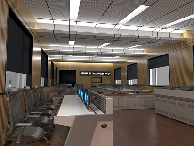 Modern Control Room Interior With Control Consoles Multiple Monitors Office Chairs And Wooden Walls 3d model