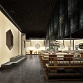 Modern Hotpot Restaurant Interior With Wooden Decor Hanging Lights And Dining Tables