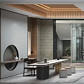 Traditional Tea Room Interior With Wooden Lattice Red Maple And Rockery Decor